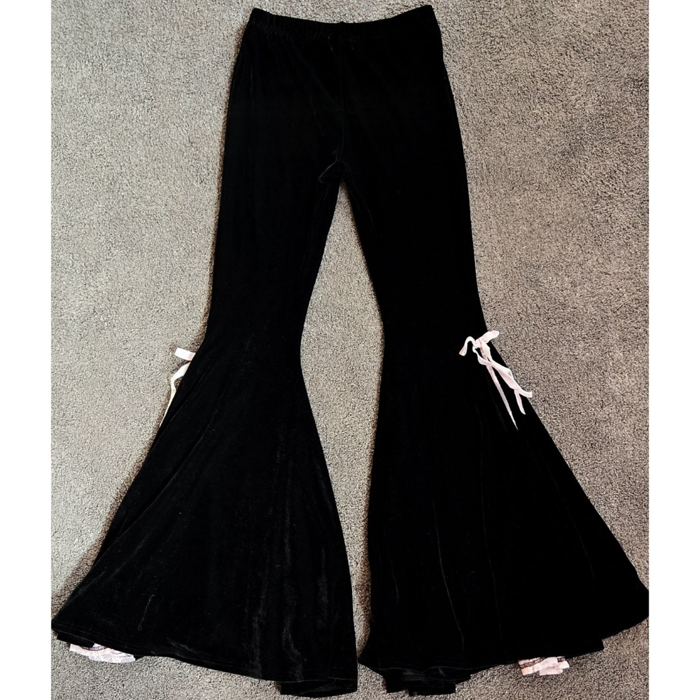 Dolls Kill Sugar Thrillz Velvet Bell Bottoms Flare Black Pink Lace Bow Goth - Picture 2 of 5